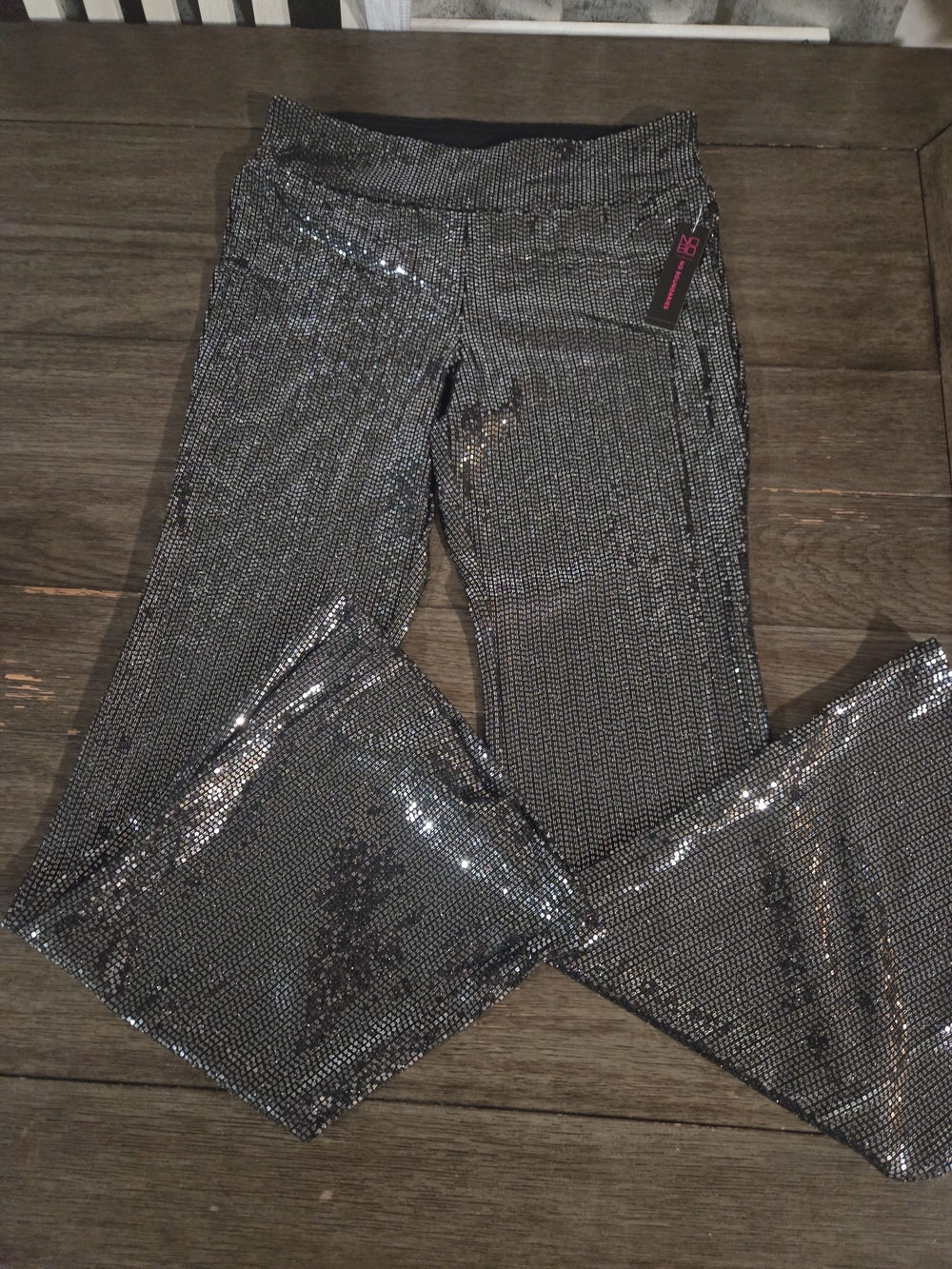 No Boundaries Silver Sequin Flare Pants High Rise Sparkle Festival NWT